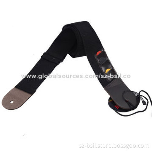 Adjustable Acoustic Guitar Strap Bass, Black Cotton Genuine Leather Ends